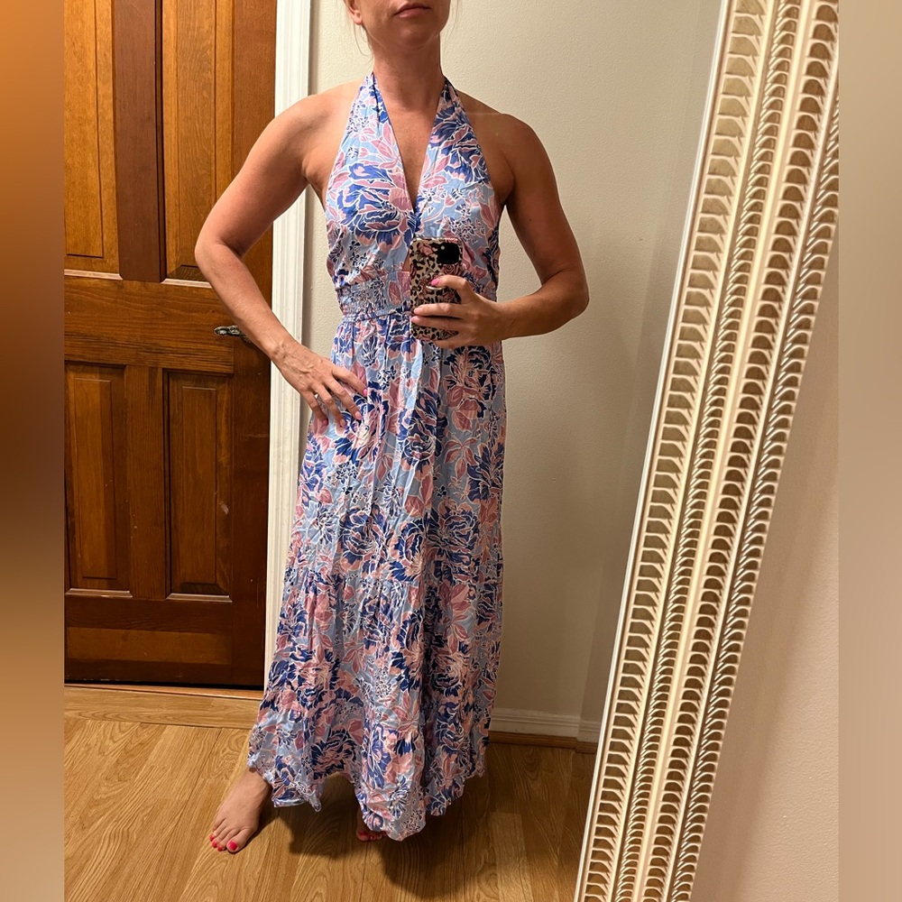 Blue and Pink Halter Maxi Sundress Resort Wear